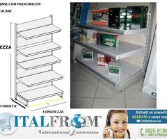 Scaffale negozio murale  L 133, H 250 , Prof.base e 1 ripiano  50 cm + 3 ripiani da 40 cm