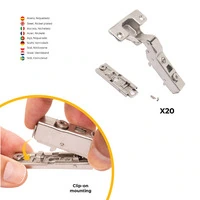 Emuca Lotto di 20 cerniere mezzo collo X91 con chiusura soft e Basetta a vite, altezza 1, Acciaio, N - 4