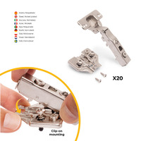 Emuca Lotto di 20 cerniere collo dritto X91 con chiusura soft e basetta montaggio misto, Diametro 5x - 3