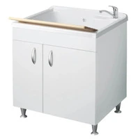 Mobile Lavatoio A Due Ante Con Vaschetta e Asse di lavaggio in Pino Verniciato 60x85x75 Colore Bianc