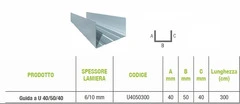 Guida a U 40/50/40 - Profilo per Cartongesso - Lunghezza Barra 300 cm - 3